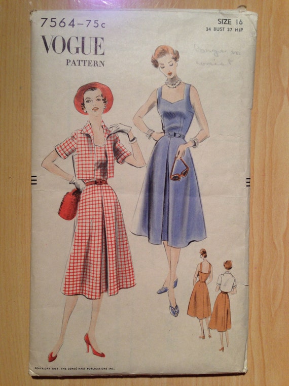Vogue Sewing Pattern 7564 Misses One Piece Dress and Bolero Vintage 50s Size 16