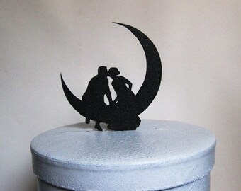 Romantic wedding cake topper bride and groom kiss on the moon,rustic cake topper wedding, unique wedding cake topper
