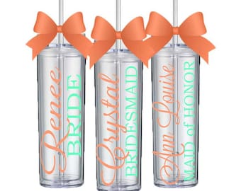 16 Skinny Personalized Bridesmaid Tumblers - Wedding Party Acrylic Tall Tumblers - SET of SIXTEEN