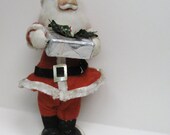 Vintage Paper Mache Santa Claus 1950s Christmas Decoration -  Red felt clothes, cotton beard, white pipe cleaner trim and a silver gift