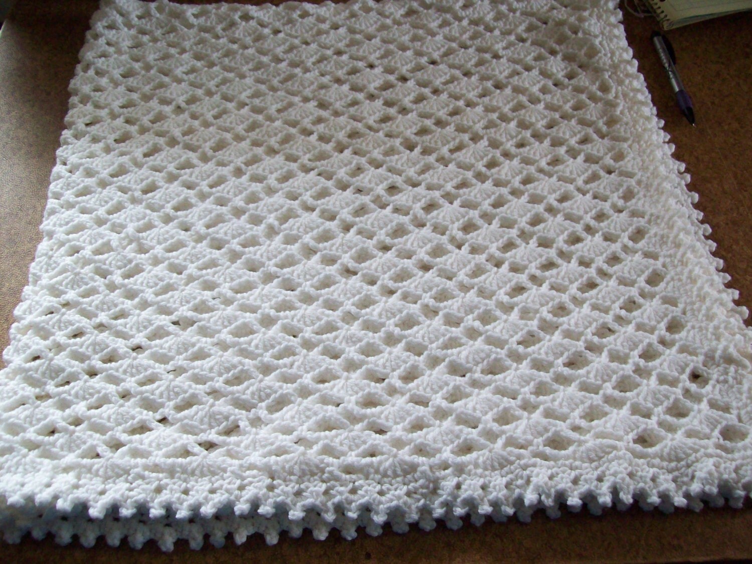 White Hand Crocheted Eyelet Lace Baby Blanket Lap Robe 29