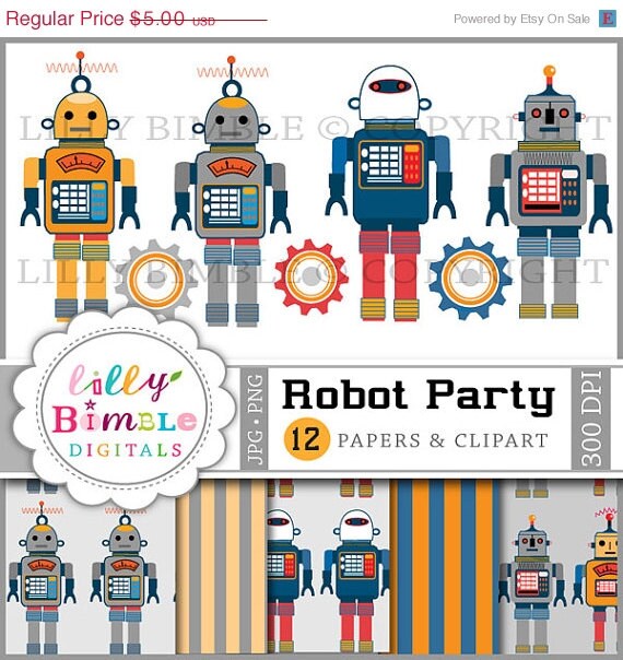 50% off Robot clipart and digital papers in orange, gray and blue for birthday party, invites download Il_570xn