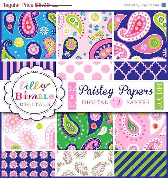 50% off Paisley Digital scrapbook papers in pink, navy blue, green and hot pink. modern scrapbooking DIGITAL DOWNLOAD Il_570xn