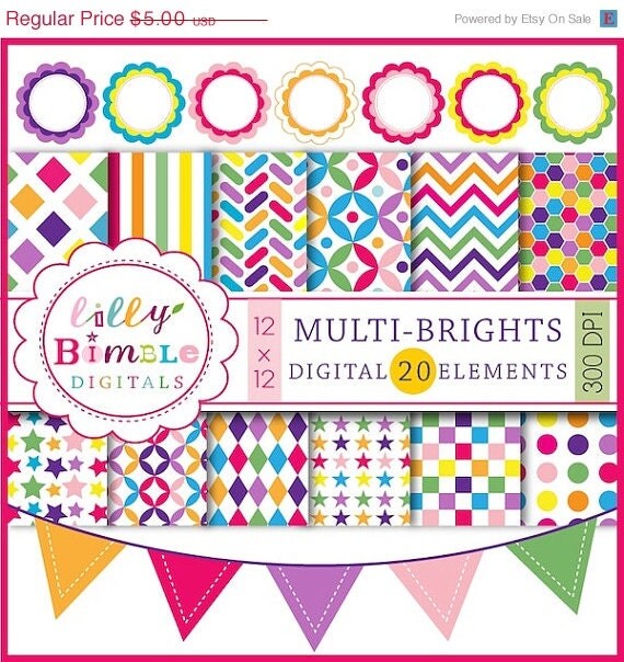50% off Multi-Brights Digital Papers, Bunting, Frames Multicolor colorblock bright colors scrapbook paper labels download Il_570xn