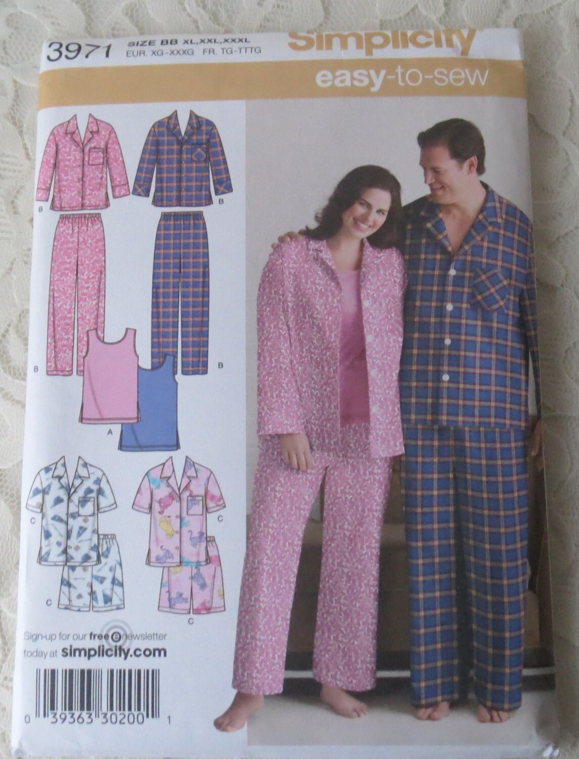 Simplicity 3971 Sewing Pattern Pajamas For Men and Women Size