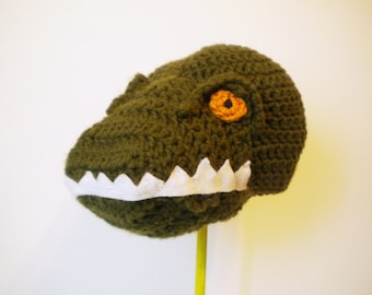 Crochet Tyrannosaurus Rex Hat - Dinosaur Hat in Olive Green with Yellow Eyes - Cartoon Halloween Costume Hat