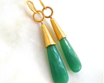 Australian Chrysoprase Very Long Specimen Grade Drop Earrings with Modern Vermeil Embellishments....