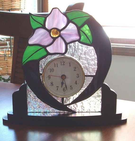 Stained Glass Desk or Table Clock Purple Flower Glass Clock