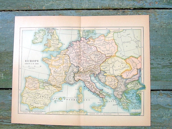 Small Historical Map Europe about AD 1000 1934 Map From