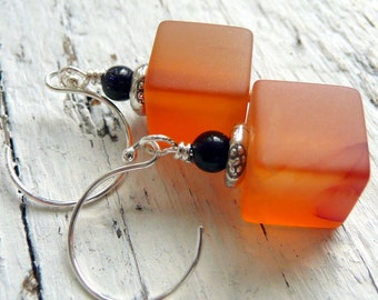 Pumpkin Cubes Carnelian BlueGoldstone KHT Sterling Silver OOAK Bohemian Dangle Earrings