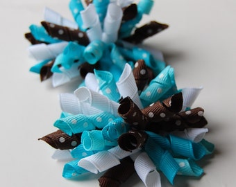 Aqua/Turquoise and Brown Mini Korkers Set of 2 Hair Bows