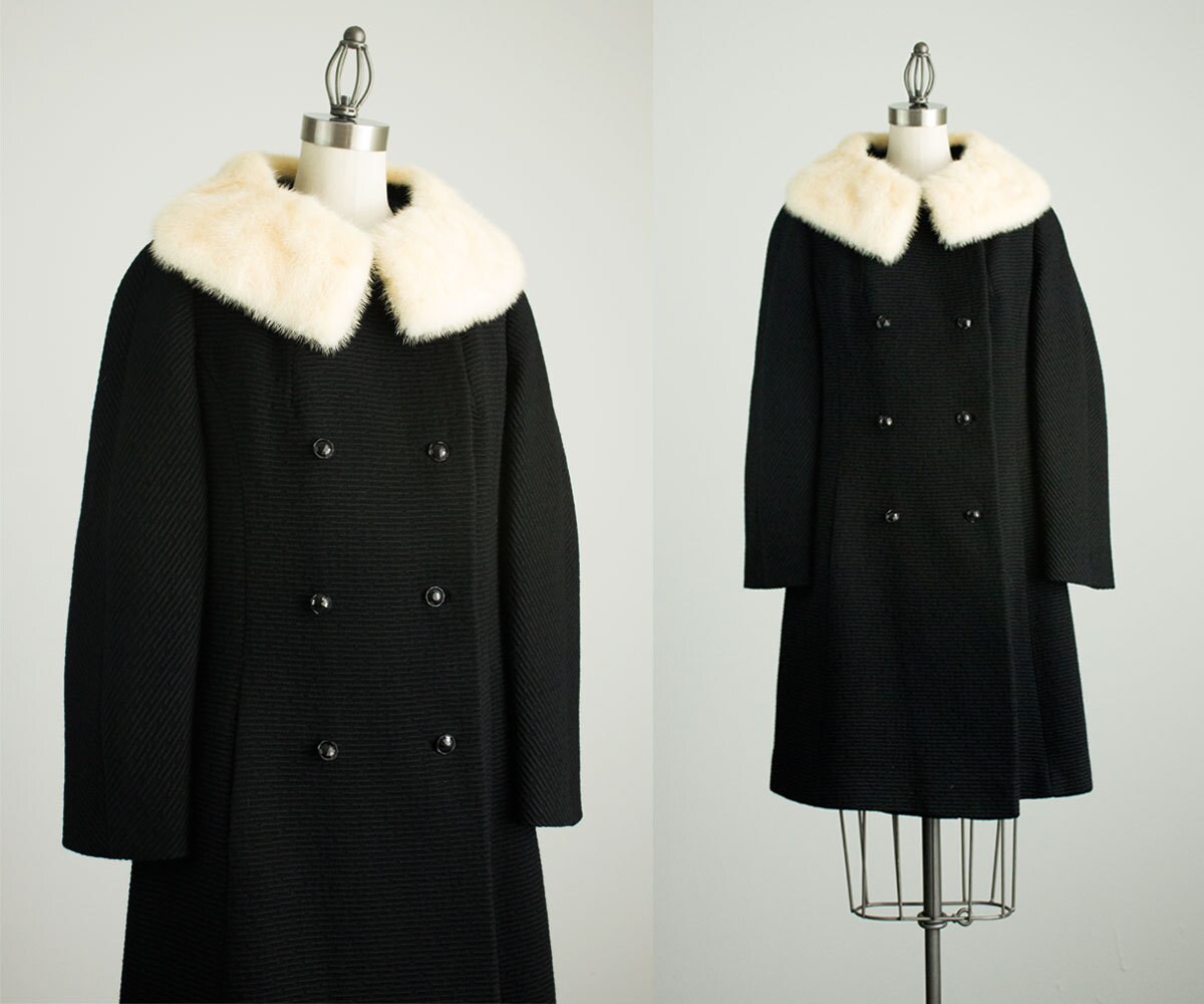 60s Vintage Black Wool Coat / White Fur Collar / Small / Medium – Haute ...