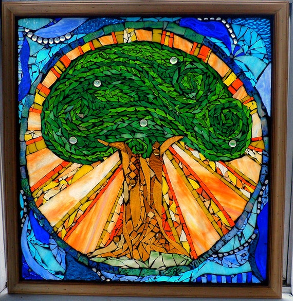 Large Stained Glass Mosaic Tree Window