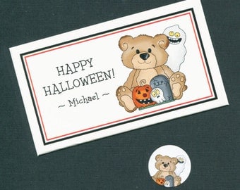 Personalized Halloween Party Favor Topper Label, Candy Stickers and Plastic Bag Set, teddy with pumpkin, skull and ghost, set of 20