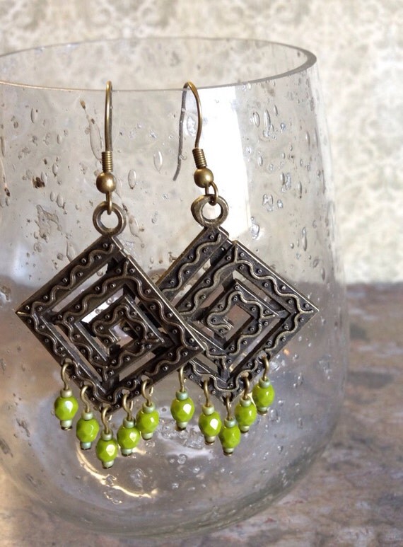 Brass Chandelier Earrings with Glass Bead Dangles by echosart