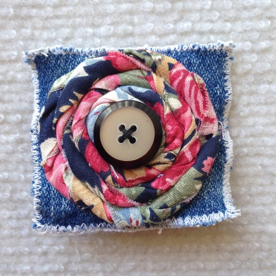 Items similar to Denim pin brooch with floral rosette and button topper