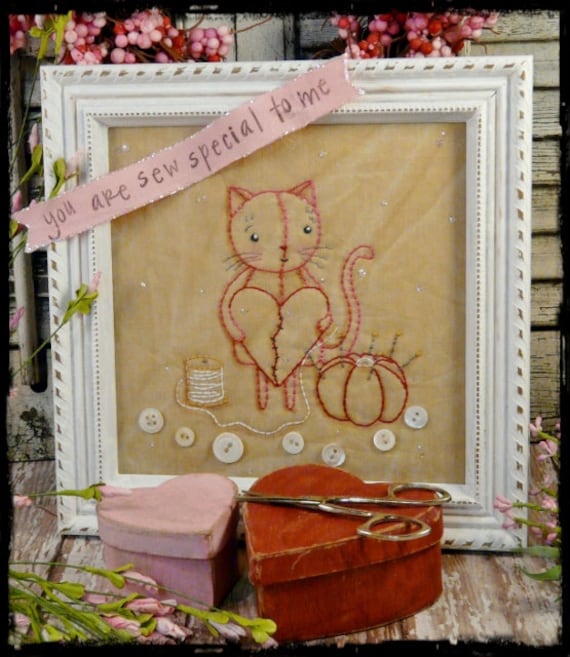 Kitty cat Sew embroidery PDF Pattern - stitchery Valentine 2014 pincushion tomato banner vintage like heart primitive