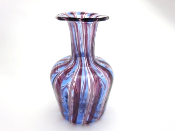 Small Murano Glass Vase Striped Hand Blown Purple Pink Blue