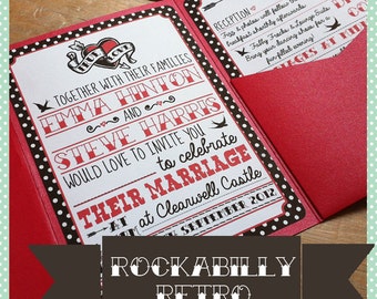 Handmade Pocketfold Wedding Invitation Rockabilly Retro Tattoo Red Black Polkadot Typography Inspired