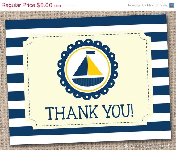 25% OFF SALE Printable Thank You Card Design - Yellow and Navy Blue Sailboat and Stripes INSTANT Download Il_570xn