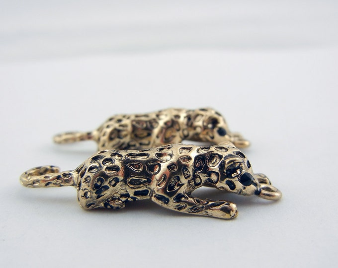 Pair of Antique Gold-tone Jaguar with Black Rhinestone Eyes Charms