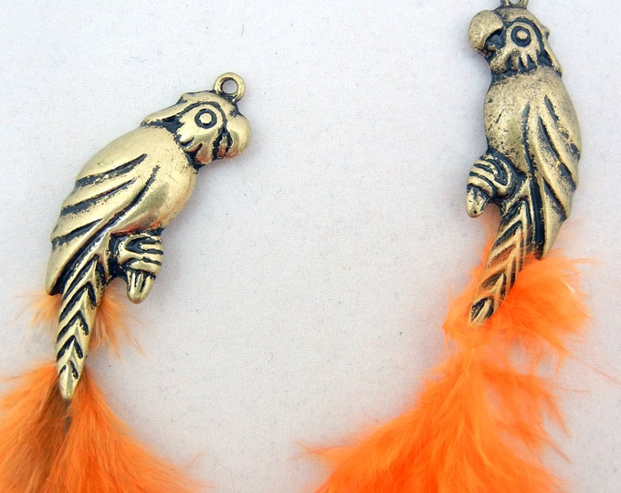 Pair of Burnished or Antique Gold-tone Parrot with Feathers Charms