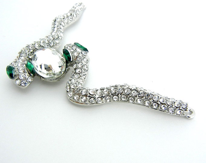 Set of Double Link Silver-tone Two Rhinestone Snakes Pendant Green Eyes