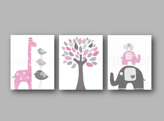 Pink gray Nursery art baby Girl nursery Decor kids wall art print giraffe nursery wall Art elephant nursery tree Birds - Set of three prints by GalerieAnais