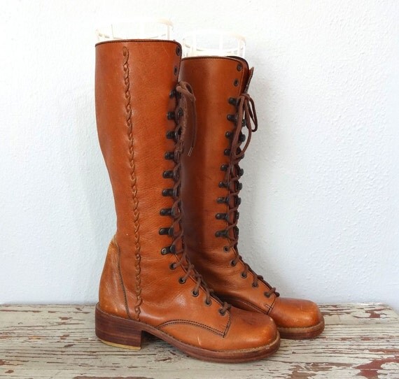 Vintage WOODSTOCK Boots / 1960s 1970s Knee High Latch Lace Up