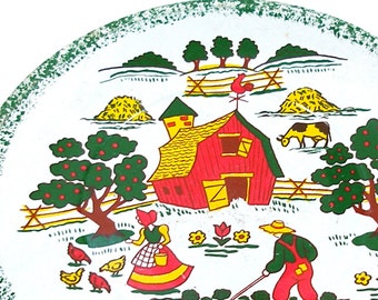 60's Tin Toy Tea plate, Apple Farm graphics, white background, larger size.