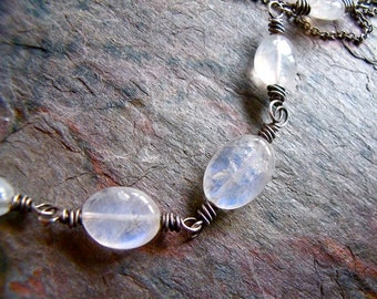 Sterling Silver Rainbow Moonstone Oval Nugget Necklace