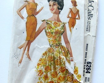 Vintage 1960s Sewing Pattern - Bateau Neckline Party Dress - Slim or Full Skirt - McCall's 6264 / Size 12