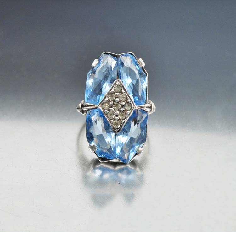 Blue Glass Sterling Silver Art Deco Ring Size 6 Huge Statement