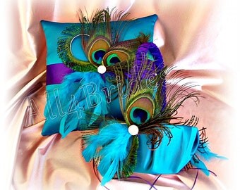 Peacock Weddings ring bearer pillow and basket - regency purple and turquoise - peacock feaher wedding accessories
