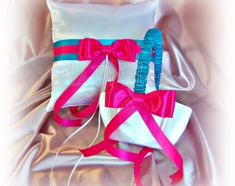 Hot pink and turquoise wedding ring pillow and flower girl basket set.