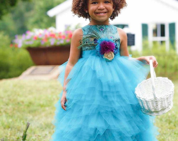Peacock Flower Girl Dress - Boutique Girl Dresses - Toddler Flower Girl - Custom Dress - Full Length Dress - Wedding - Sizes 2T to 8 Years