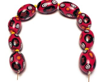 Handmade Beads Red Polymer Clay Set of 9 Graduated Oval Beads Star Canework Bead Supplies Sweetchild Jewelry