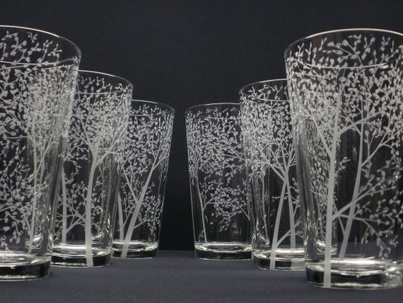 6 Pint Glasses Hand Engraved 'Branches and Leaves'