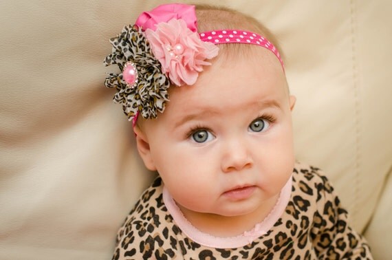 841 New baby headband leopard 395 baby Leopard headband, {Sassy Leopard } brown hot pink Chiffon shabby   