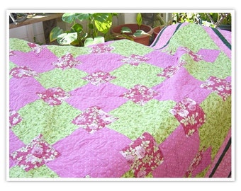 Sale 20 percent off Twin size Quilt, Celtic Cross Quilt, 66x79, pinks and greens, patchwork quilt, machine quilted, roses
