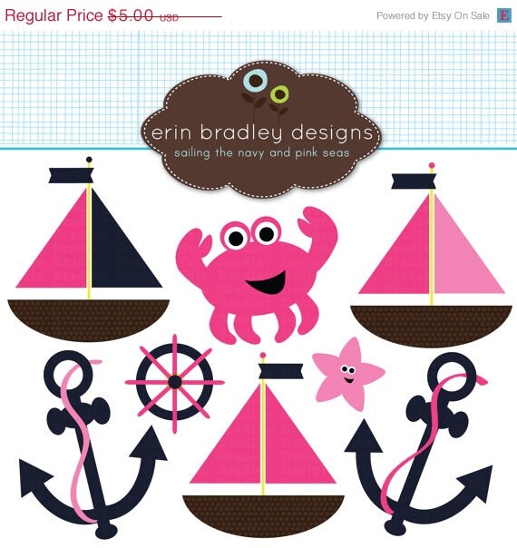 50% OFF SALE Nautical Girls Clipart Clip Art Preppy Fuchsia Pink and Navy Blue Il_570xn