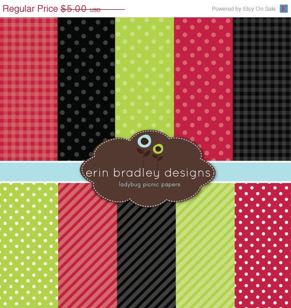 50% OFF SALE Digital Scrapbook Papers Personal and Commercial Use Red Black Green Ladybug Picnic Il_570xn