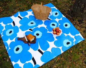 Picnic Blanket - Blue Marimekko Giant Flowers - Modern Summer Picnic Blanket - Outdoors Food Blanket - Statement Gift