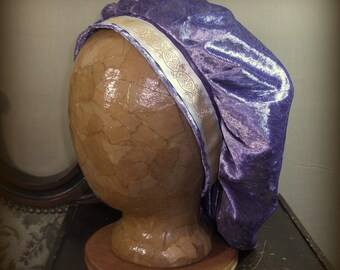 Lavender Renaissance Muffin Cap, Medieval Caul, Crushed Velvet Beret, Floppy Hat With Embroidered Trim, Reenactment Theater Clothing