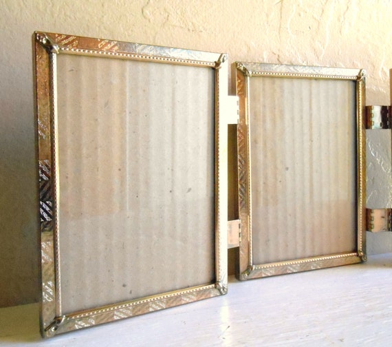 Gold Metal Hinged Picture Frame Triple 5x7 Tri-fold Unique