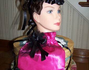 Ladies Hat Hot Pink and black Satin Victorian Civil War Hat teardrop with Black ribbon and Reticule
