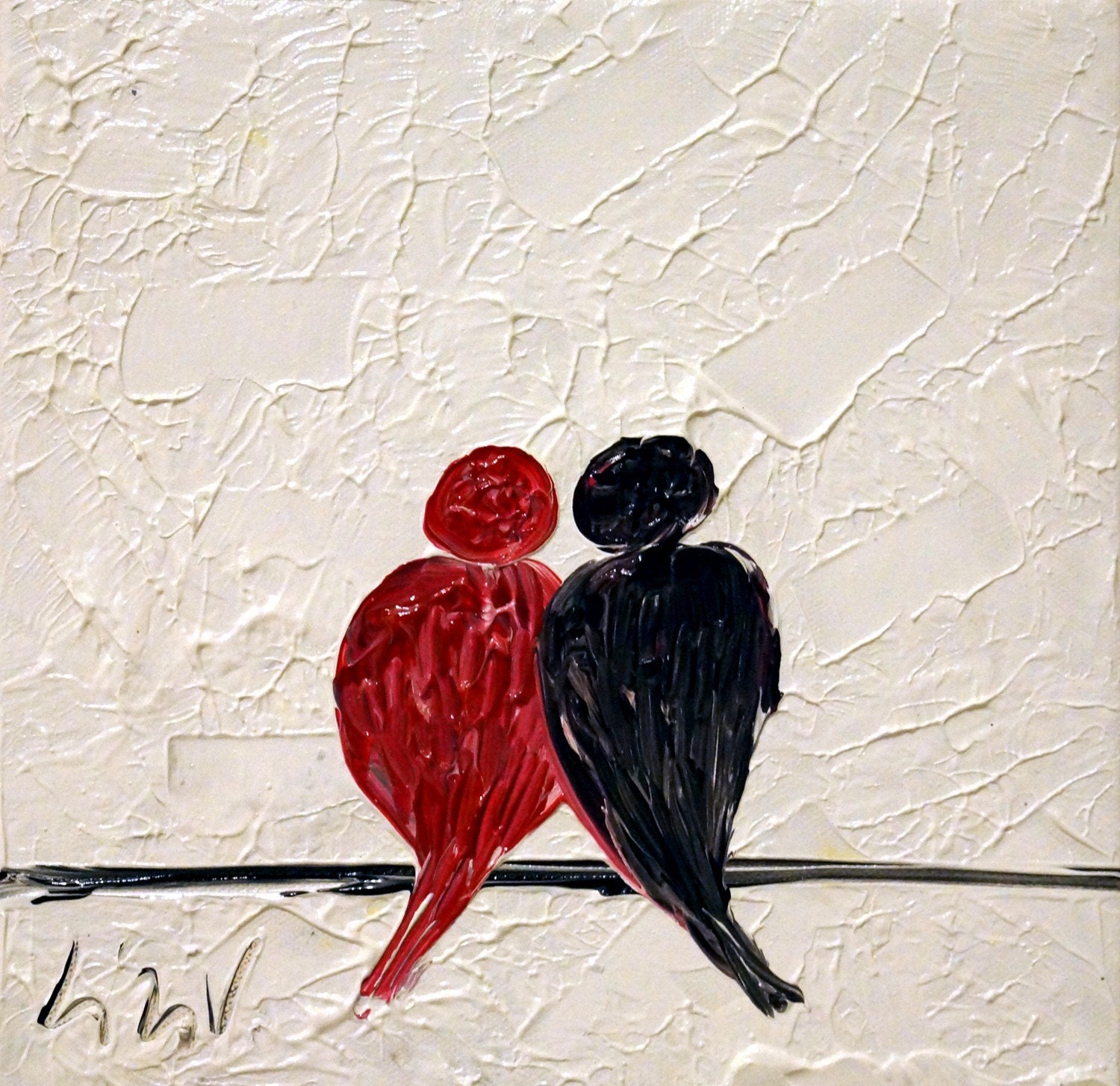 Abstract Painting Red Black White Love Birds Oil Art on