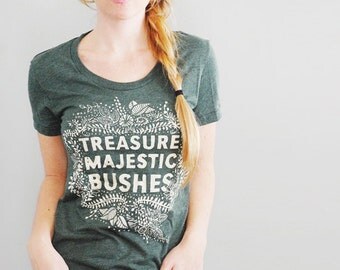 Majestic Bushes || womens tshirt, Heather Forest Green, 5% Donated to Amazon Conservation Association, nature lovers tshirt || by Simka Sol