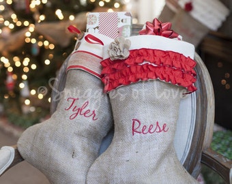 Personalized Burlap Christmas Stocking, Shabby Chic Stocking, 6 Styles to Choose From, Girls, Boys, Men & Women Styles Burlap Stocking