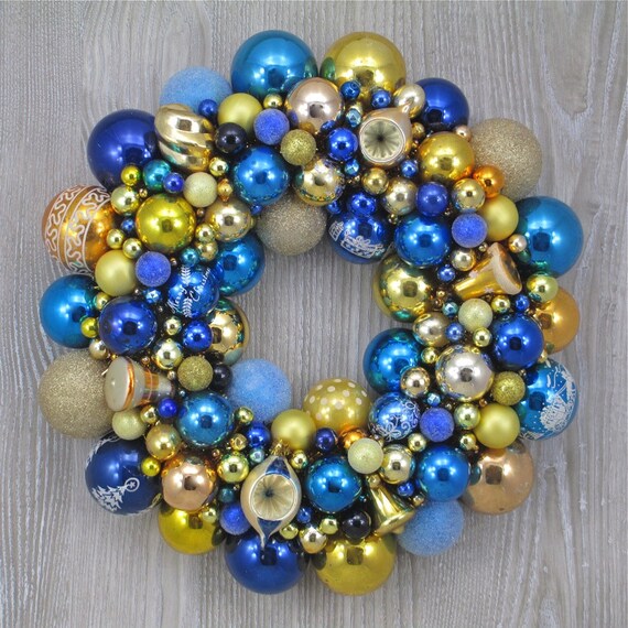reserved for ks blue and gold christmas wreath with vintage reserved for ks blue and gold christmas wreath with vintage
